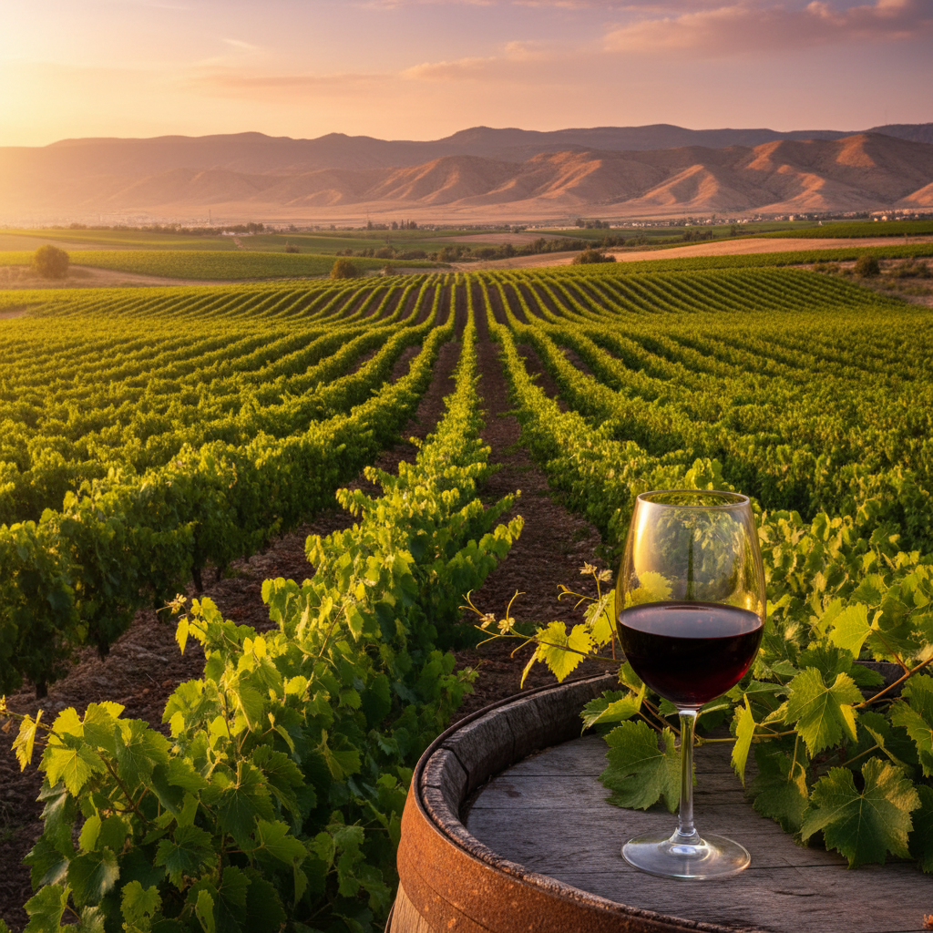 Vinhedo verdejante na Jordânia ao pôr do sol, com um copo de vinho tinto sobre um barril rústico e paisagem desértica ao fundo.