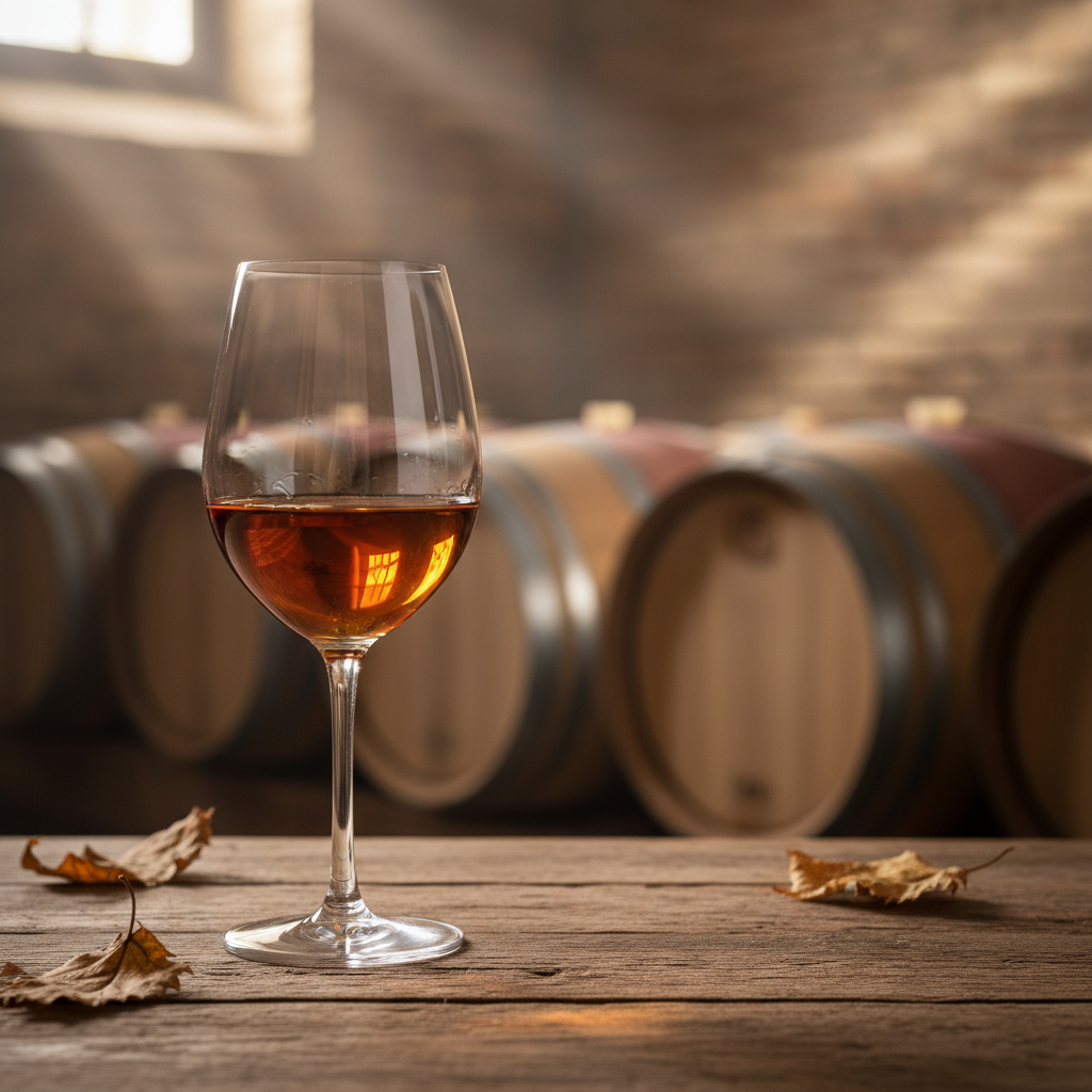 Taça de vinho laranja de cor âmbar em mesa rústica, com adega tradicional e barris de carvalho ao fundo.