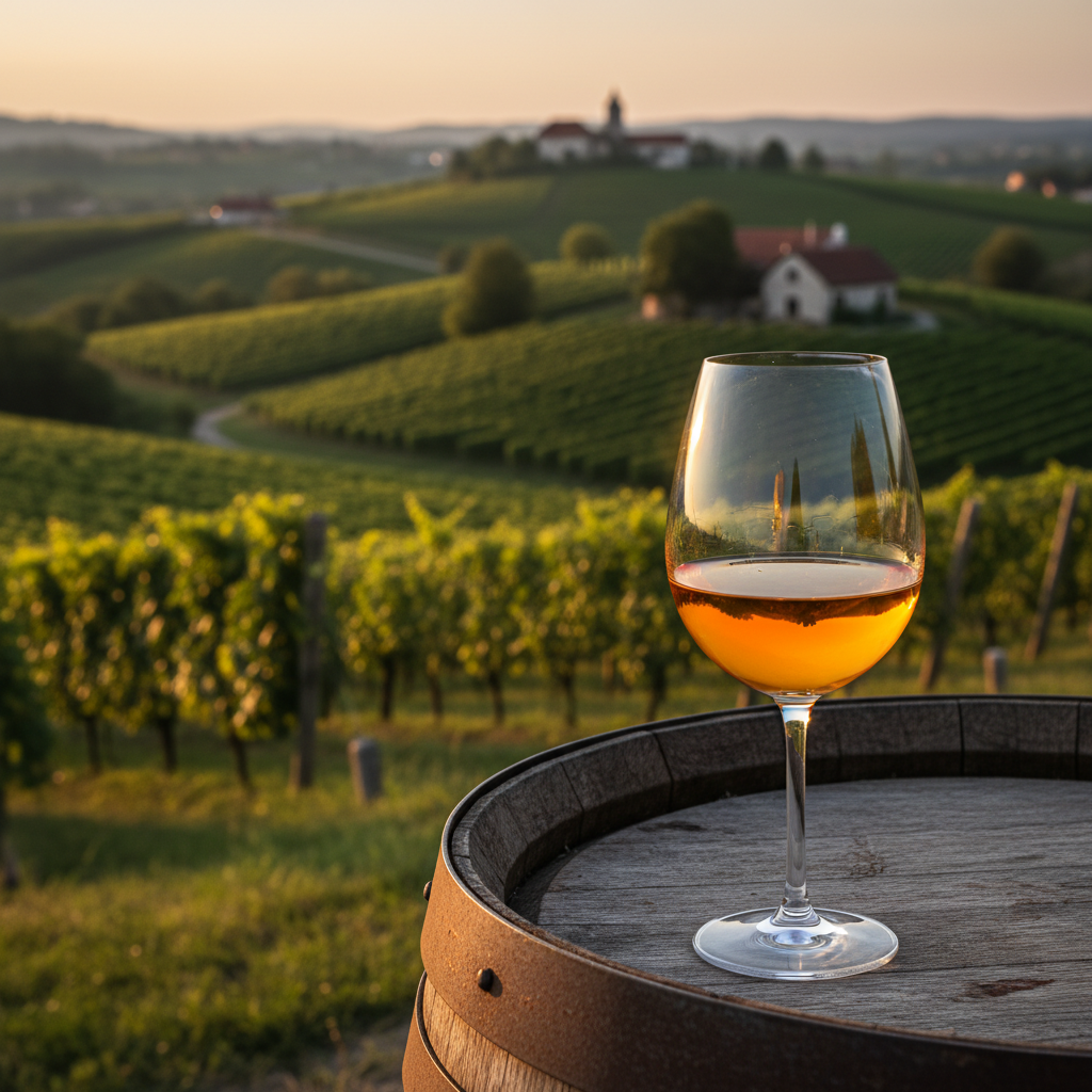 Taça de vinho laranja sobre barril de madeira em um vinhedo esloveno ao pôr do sol, com paisagem montanhosa.