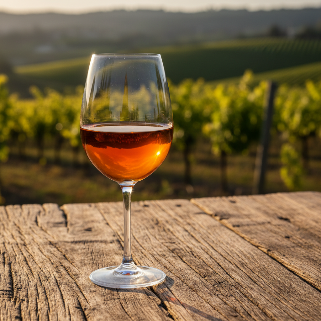 Taça de vinho laranja de cor âmbar sobre uma mesa de madeira rústica, com um vinhedo ensolarado ao fundo.