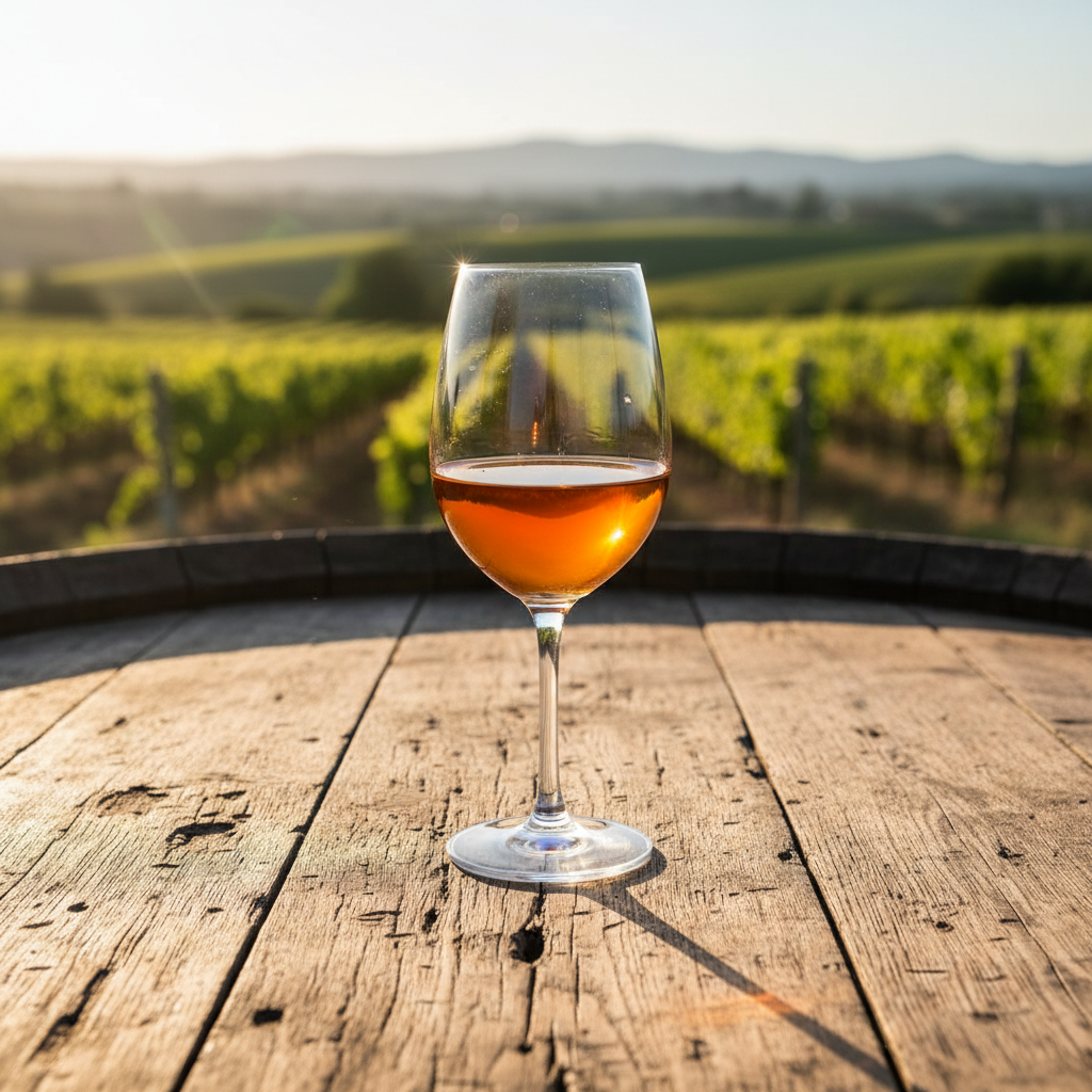 Taça elegante de vinho laranja com tonalidade âmbar-dourada, sobre uma superfície de madeira rústica, com um vinhedo iluminado pelo sol ao fundo, transmitindo uma atmosfera natural e orgânica.
