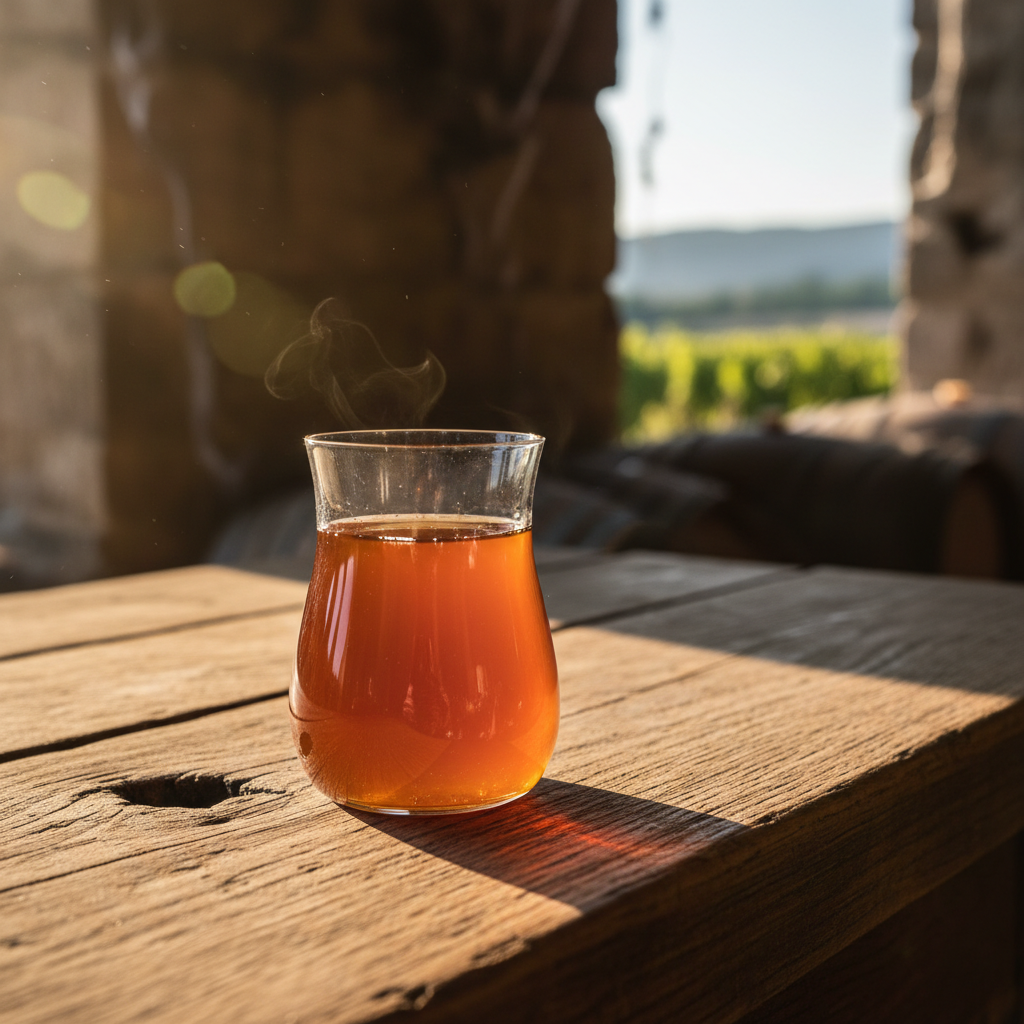 Taça de vinho laranja com reflexos âmbar em uma mesa rústica, sob a luz do sol, com um vinhedo ou adega ao fundo.