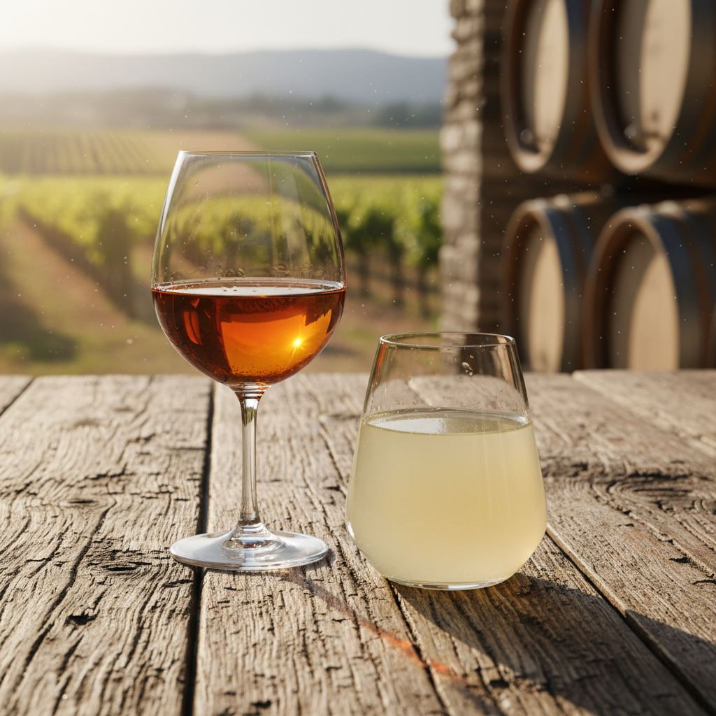 Duas taças de vinho sobre uma mesa rústica, uma com vinho laranja de cor âmbar e outra com vinho natural levemente turvo, em um cenário de vinícola.