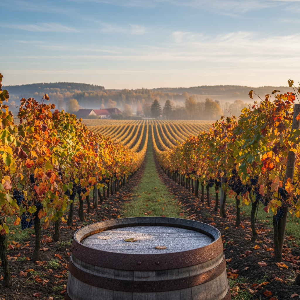 Vinhedo letão em outono com barril de madeira, simbolizando a viticultura local e o clima frio.