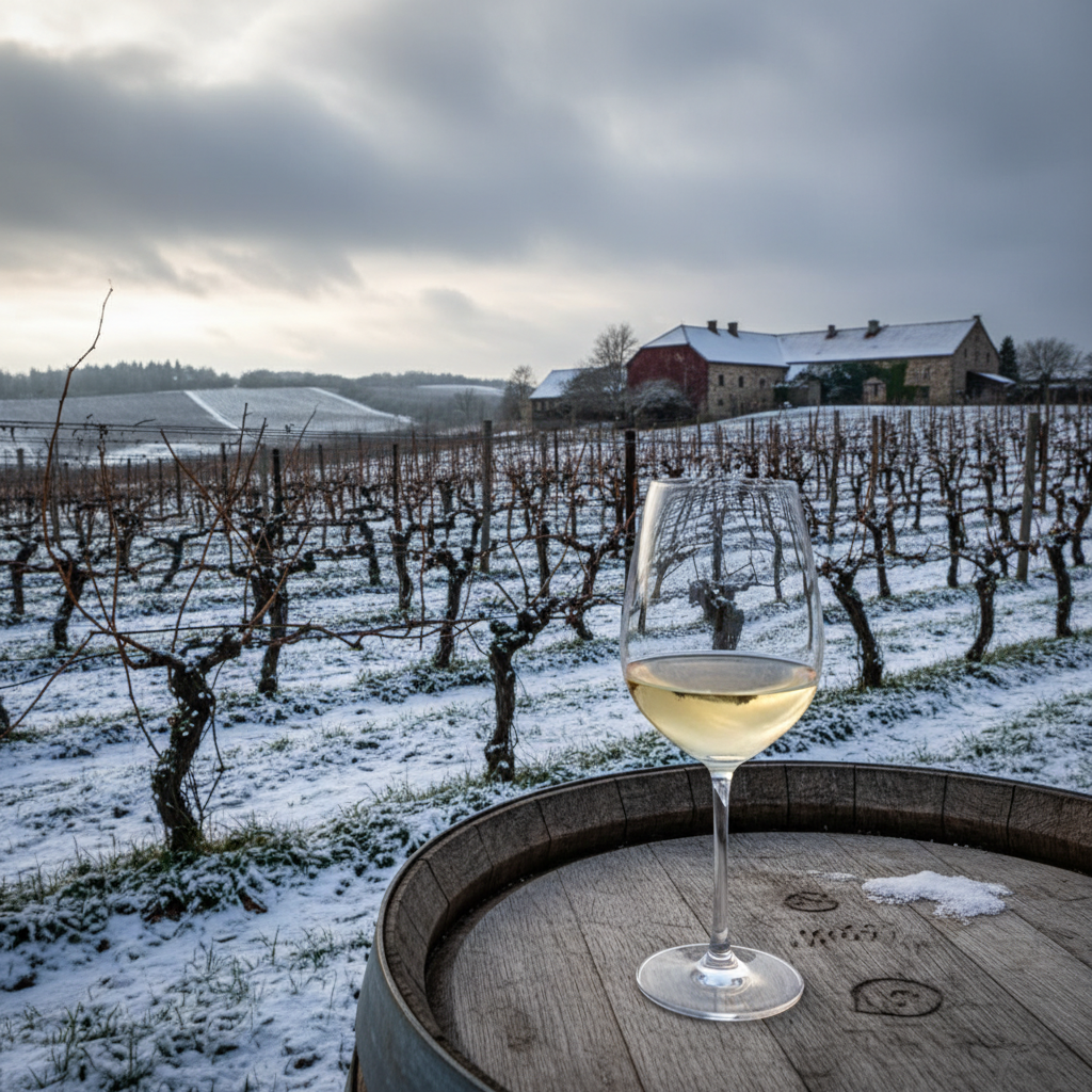 Vinhedo letão em clima frio com neve, um barril de madeira e uma taça de vinho, simbolizando a singularidade da viticultura báltica.