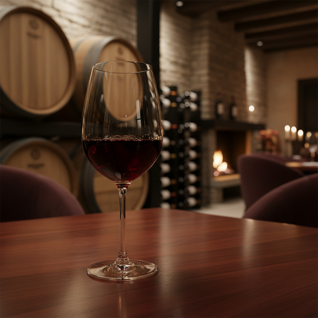 Taça de vinho tinto elegante sobre mesa de madeira, com fundo desfocado de adega moderna ou restaurante sofisticado.
