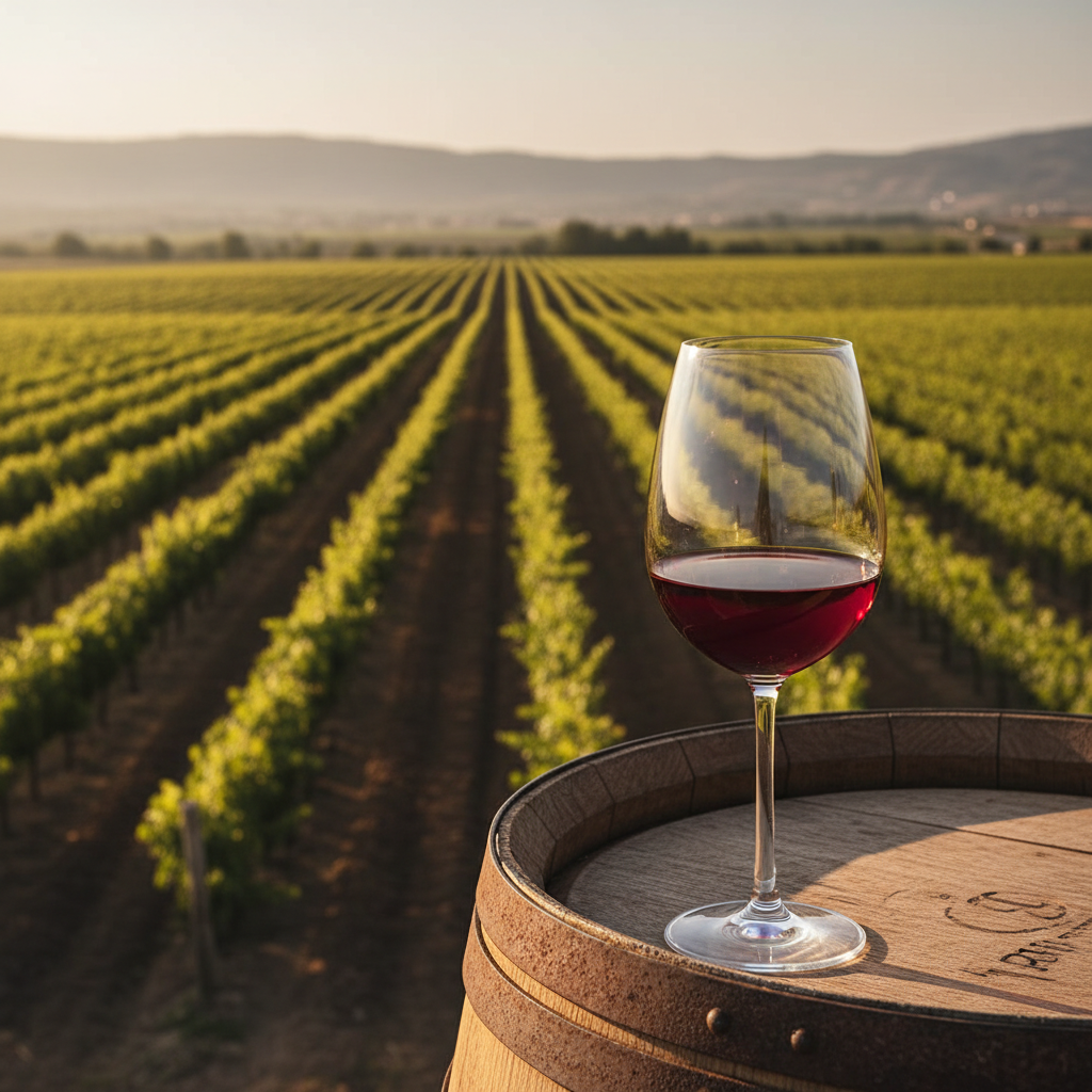 Vinhedo no Vale do Bekaa, Líbano, com uma taça de vinho tinto e um barril de carvalho ao pôr do sol, representando a tradição vinícola.