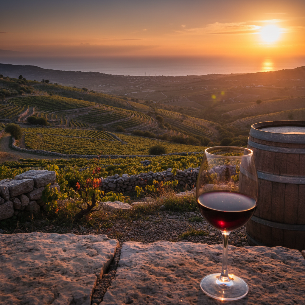 Vinhedo libanês na região de Batroun ao pôr do sol, com o Mar Mediterrâneo ao fundo, destacando a beleza do terroir e um barril de vinho.