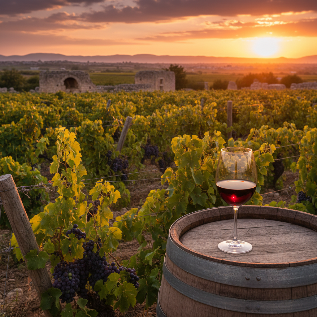 Vinhedo ensolarado no Vale do Bekaa, Líbano, com taça de vinho tinto sobre barril de madeira e montanhas ao fundo.