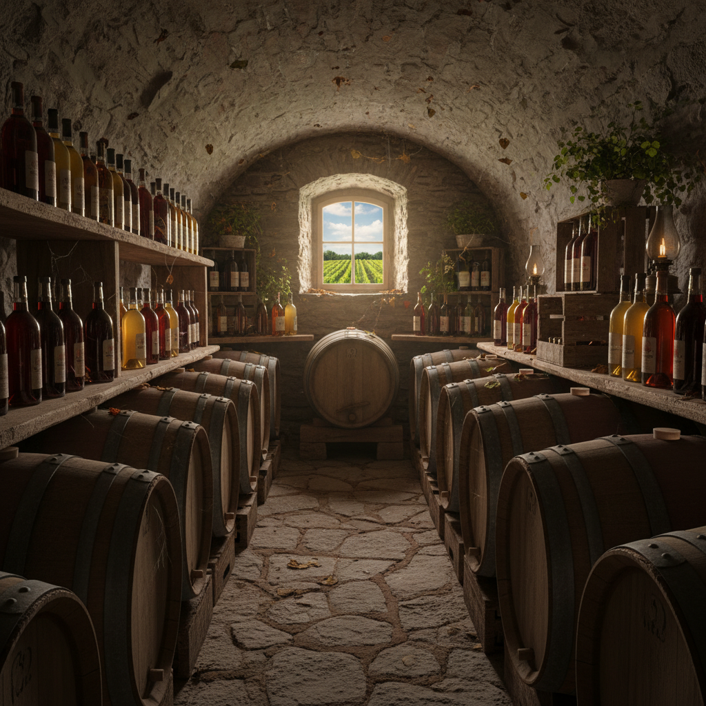 Antiga adega de pedra na Lituânia com barris de madeira e garrafas de vinhos de fruta artesanais, refletindo a tradição vitivinícola milenar.