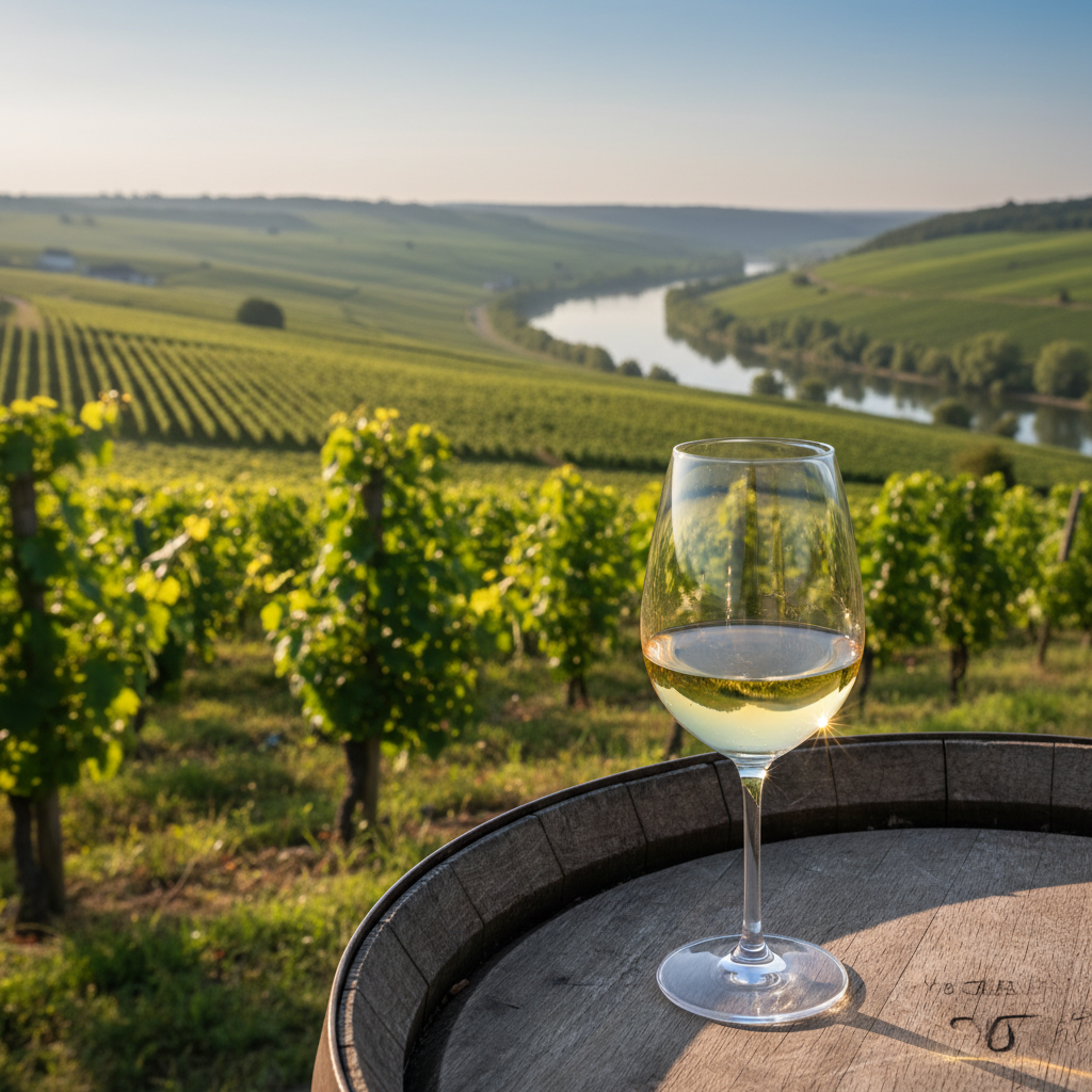 Vinhedo idílico no vale do Mosela, Luxemburgo, com um copo de vinho branco sobre um barril rústico ao pôr do sol.