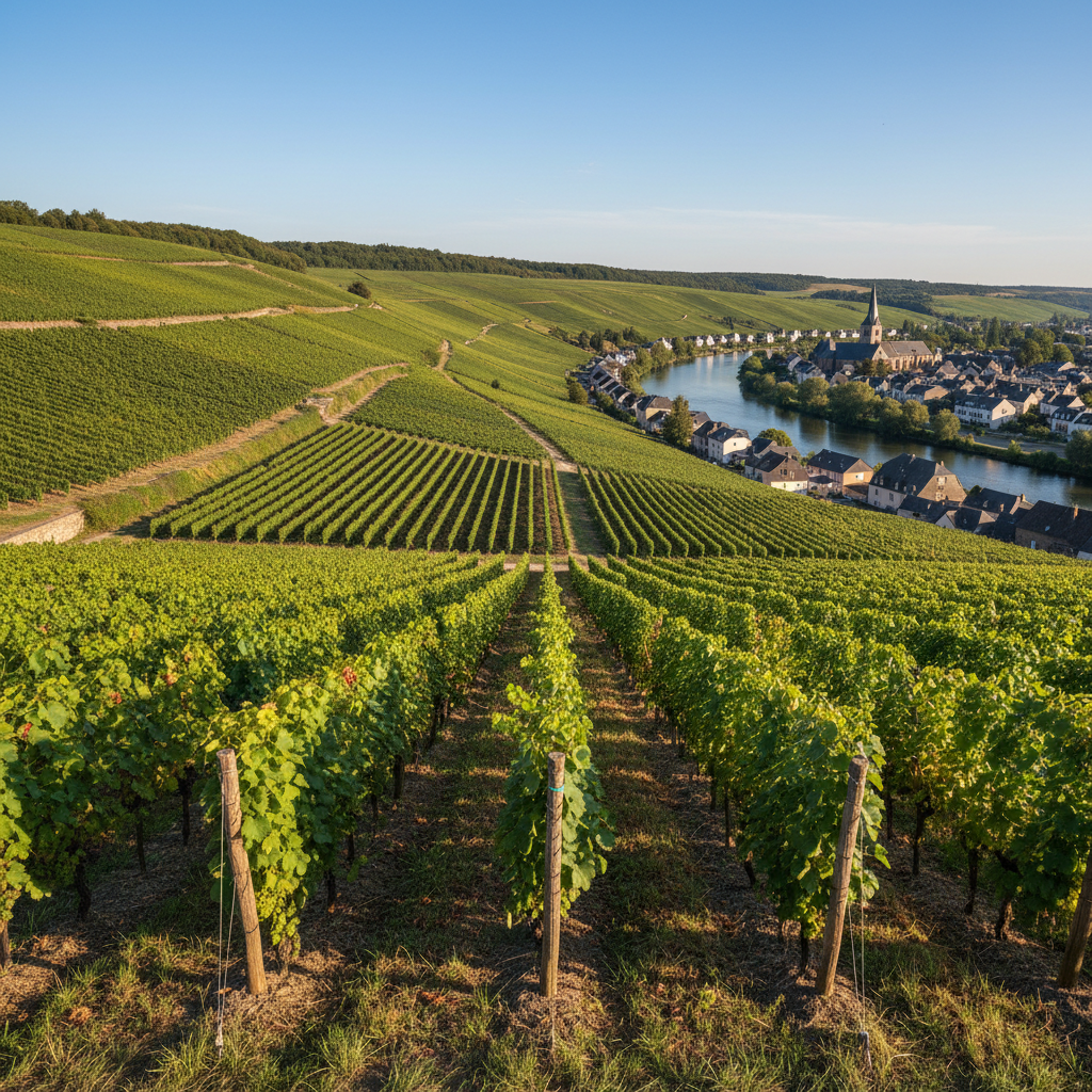 Paisagem de vinhedos verdes no Vale do Mosela em Luxemburgo, com um rio serpenteando e casas históricas à distância, sob um céu azul claro.