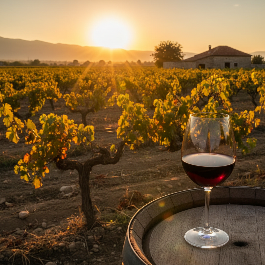 Vinhedo milenar na Macedônia do Norte com taça de vinho tinto sobre barril de carvalho, simbolizando a rica tradição vitivinícola da região.