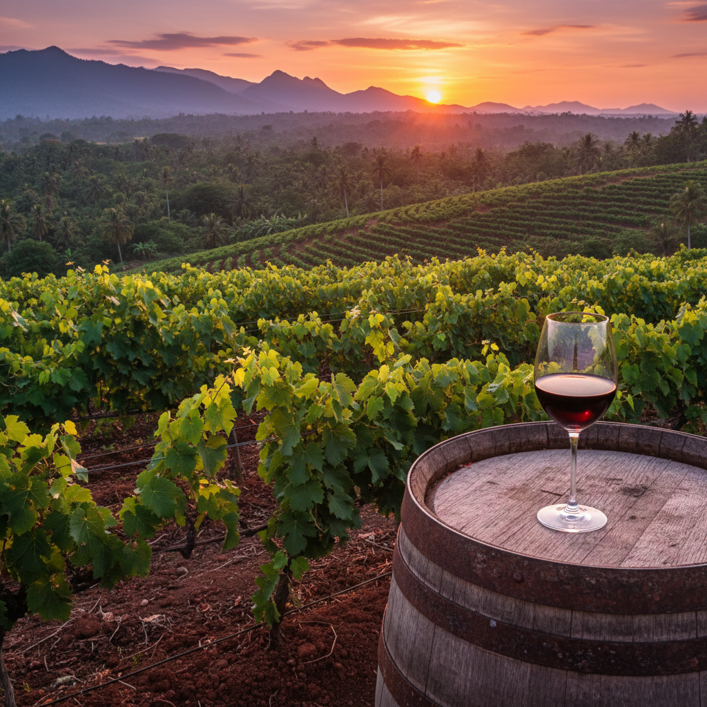 Vinhedo tropical em Madagascar ao pôr do sol, com solo vulcânico e uma taça de vinho tinto sobre um barril de madeira.
