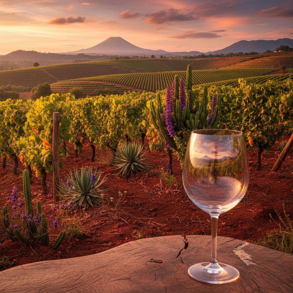 Vinhedo exuberante em Madagascar com uma taça de vinho cristalina em primeiro plano, refletindo a paisagem tropical da ilha.