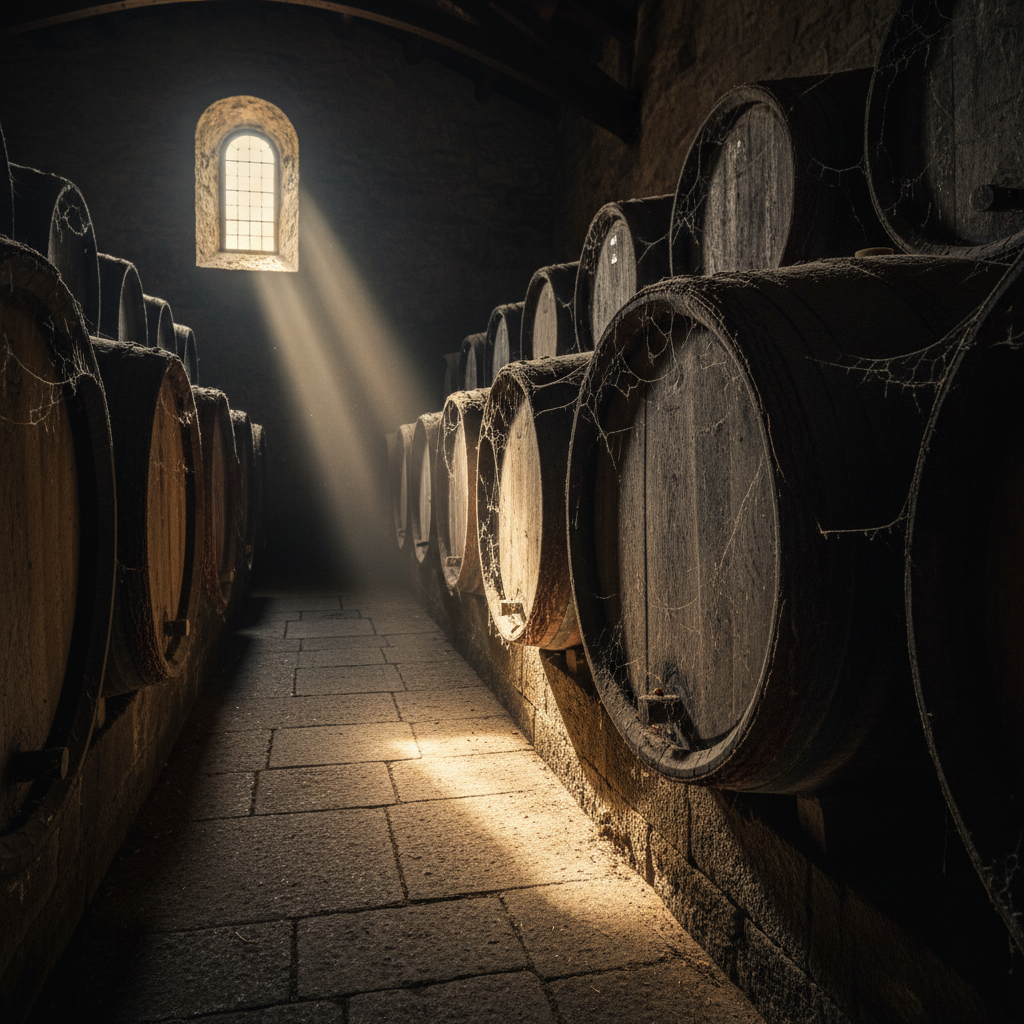 Interior de uma adega antiga com barris de carvalho, simbolizando a história e o envelhecimento do Vinho Madeira.