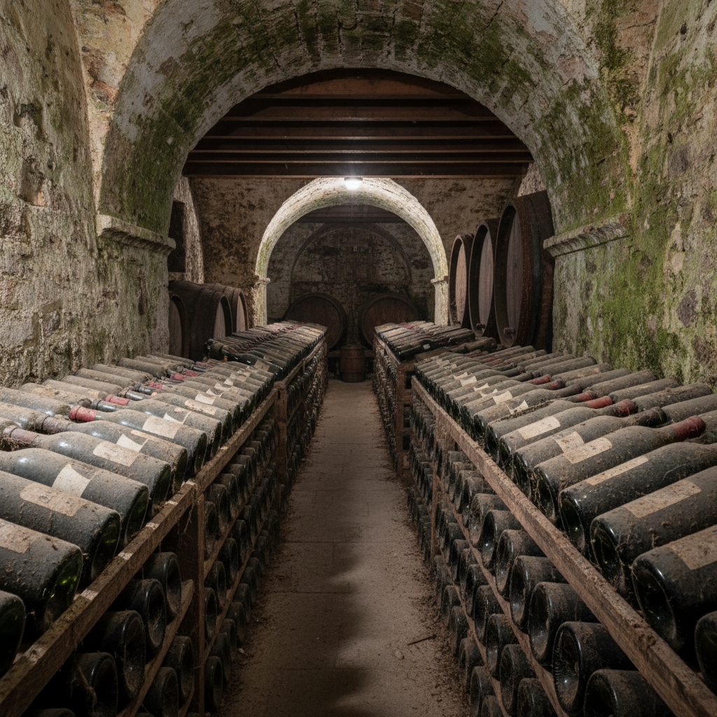 Garrafas de vinho antigas e raras cobertas de poeira em uma adega escura, transmitindo a história e o valor de vinhos excepcionais.