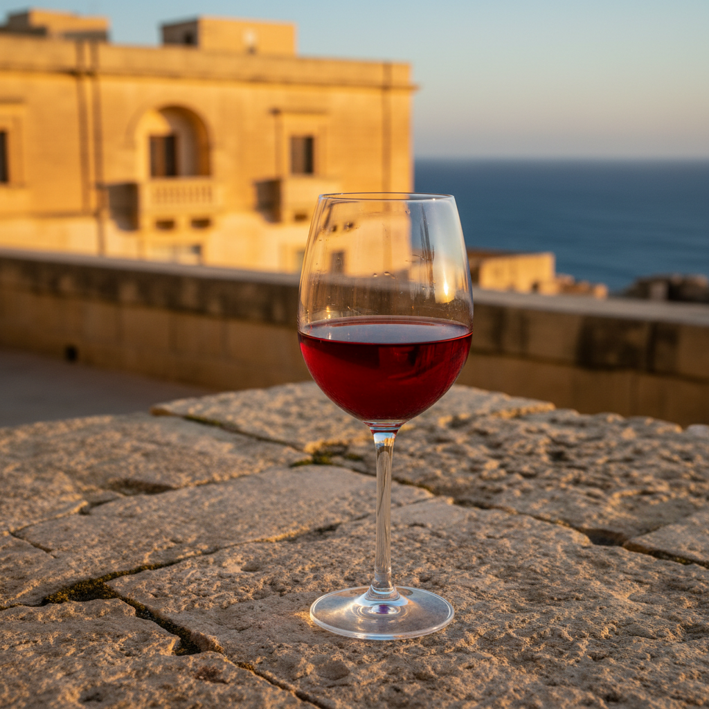 Taça de vinho em mesa de pedra com arquitetura maltesa e Mar Mediterrâneo ao fundo, sob luz dourada.