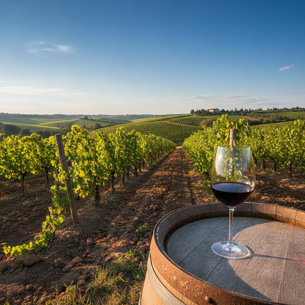 Taça de vinho tinto sobre barril de madeira em um vinhedo ensolarado, simbolizando a riqueza e diversidade dos vinhos da América do Norte.