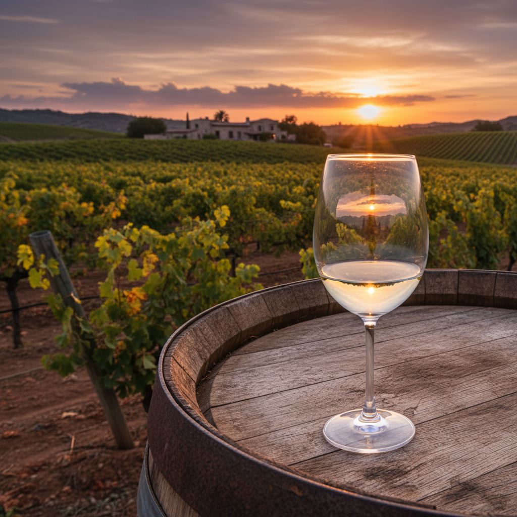Um vinhedo exuberante no Valle de Guadalupe, México, sob a luz dourada do pôr do sol, com uma taça de vinho elegante sobre um barril de carvalho, refletindo as fileiras de videiras e o céu vibrante.
