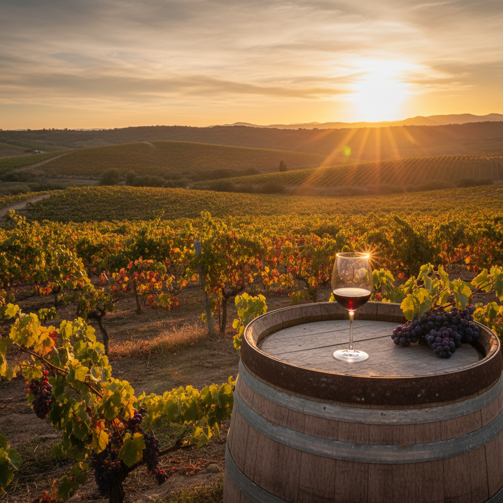 Vinhedo exuberante no Valle de Guadalupe, México, ao entardecer, com barril de vinho e taça, simbolizando a viticultura local.