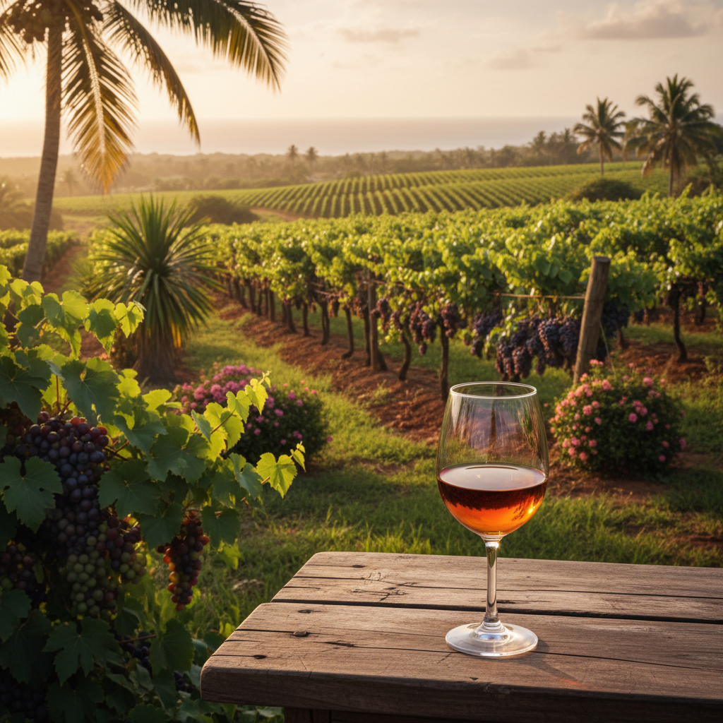 Vinhedo moçambicano ao pôr do sol com taça de vinho em primeiro plano, simbolizando a nova fronteira vitivinícola da África.