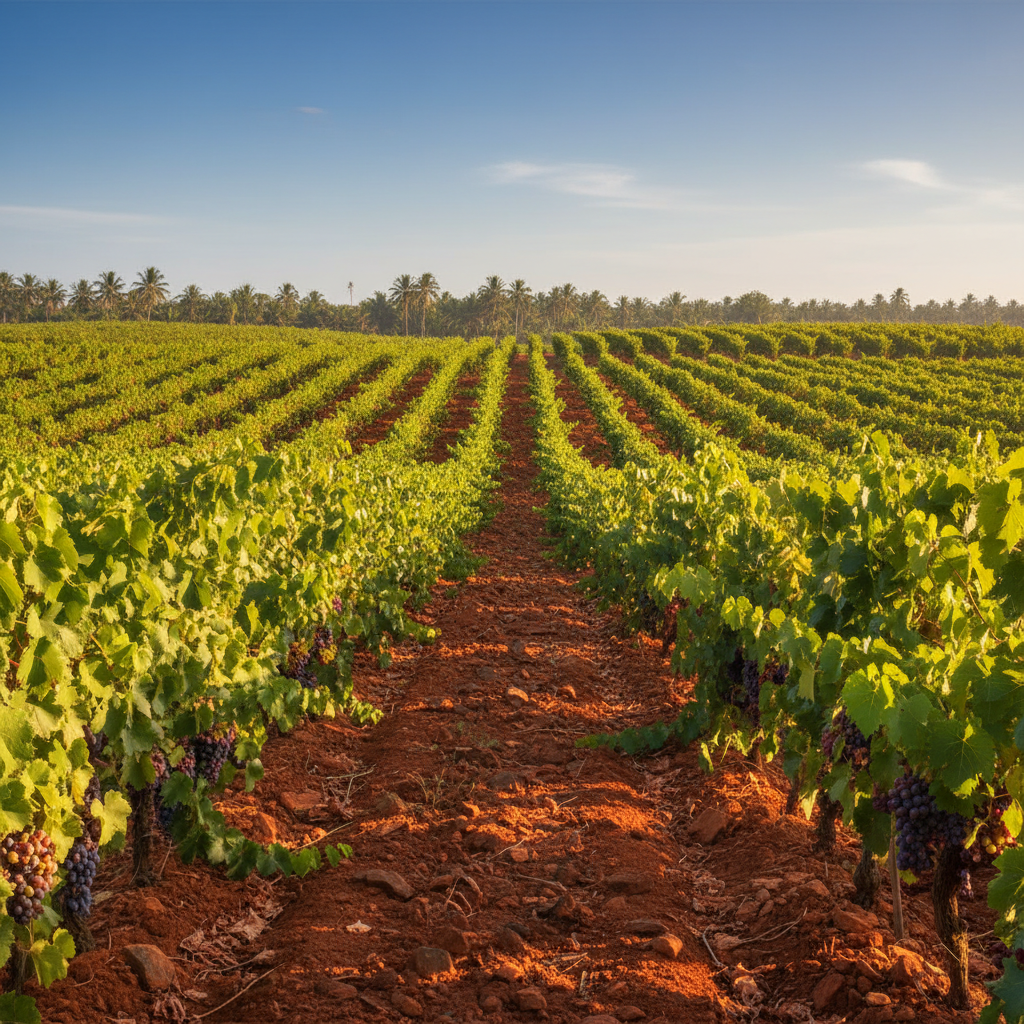 Vinhedo moçambicano com videiras resilientes em solo avermelhado, sob um sol forte, simbolizando os desafios e a vitalidade da viticultura local.