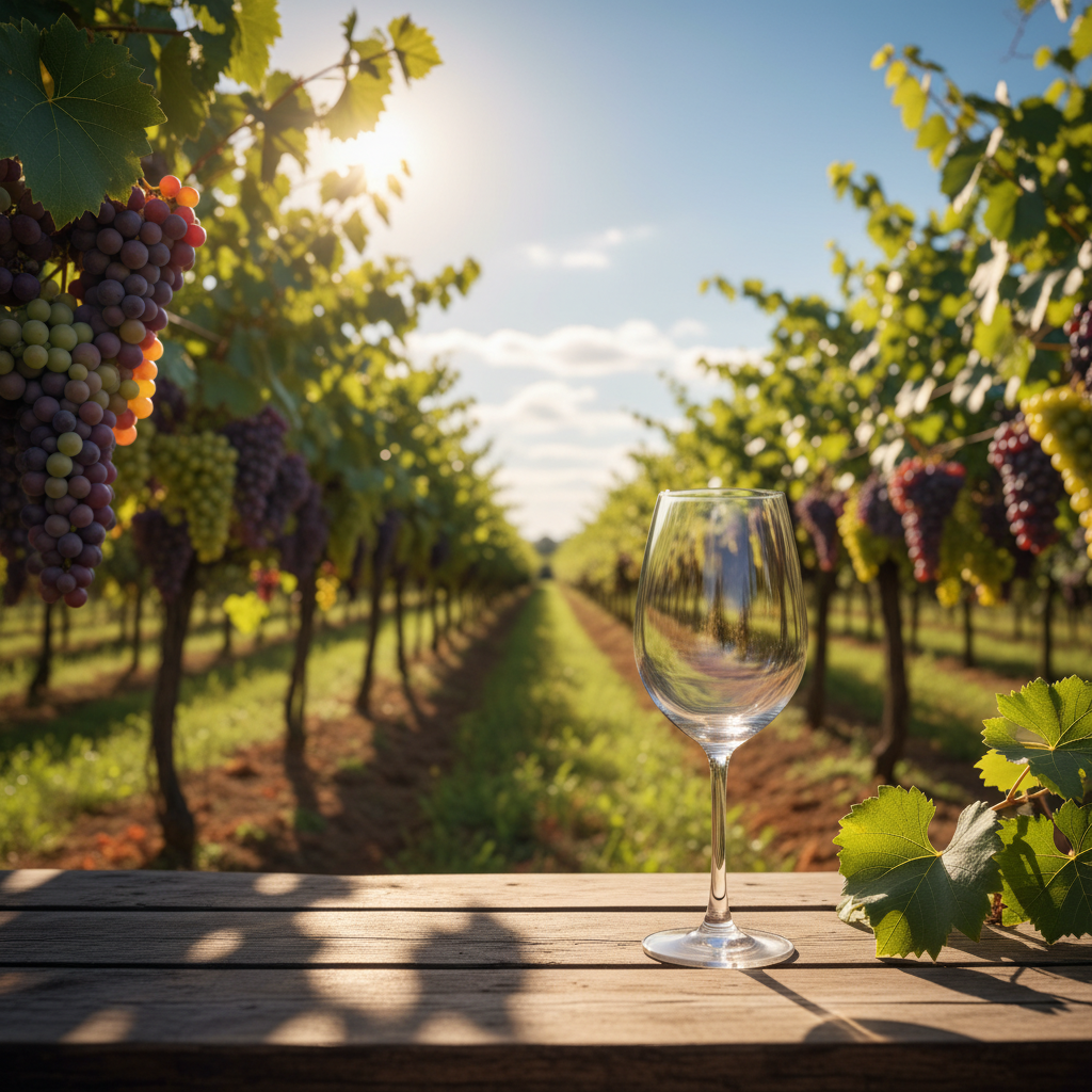 Vinhedo exuberante sob o sol tropical com uma taça de vinho elegante em primeiro plano, simbolizando a produção de vinho em Moçambique.