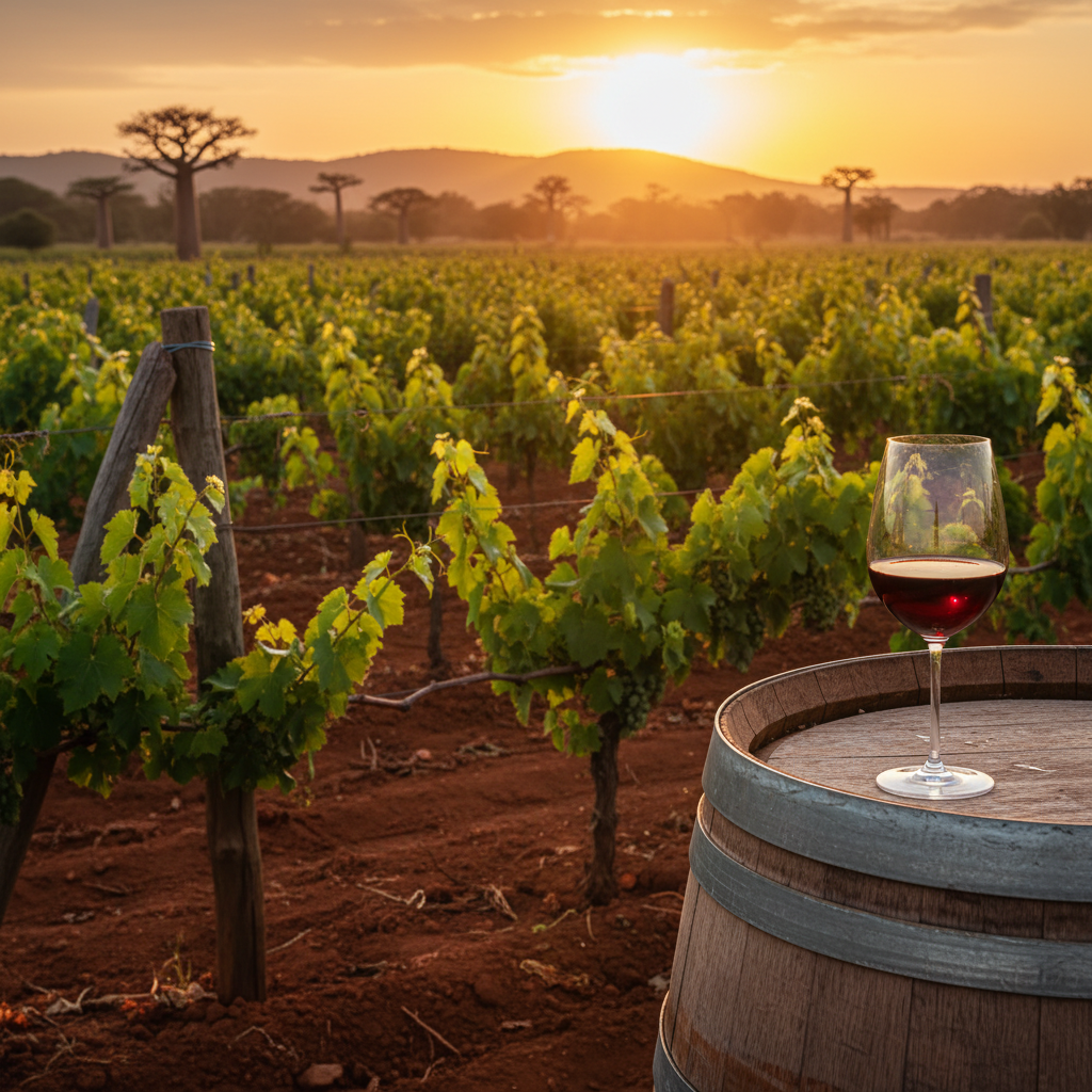 Vinhedo moderno e sustentável em Moçambique, com solo avermelhado e videiras verdes exuberantes, sob a luz dourada do pôr do sol, com uma taça de vinho elegante sobre um barril de madeira.