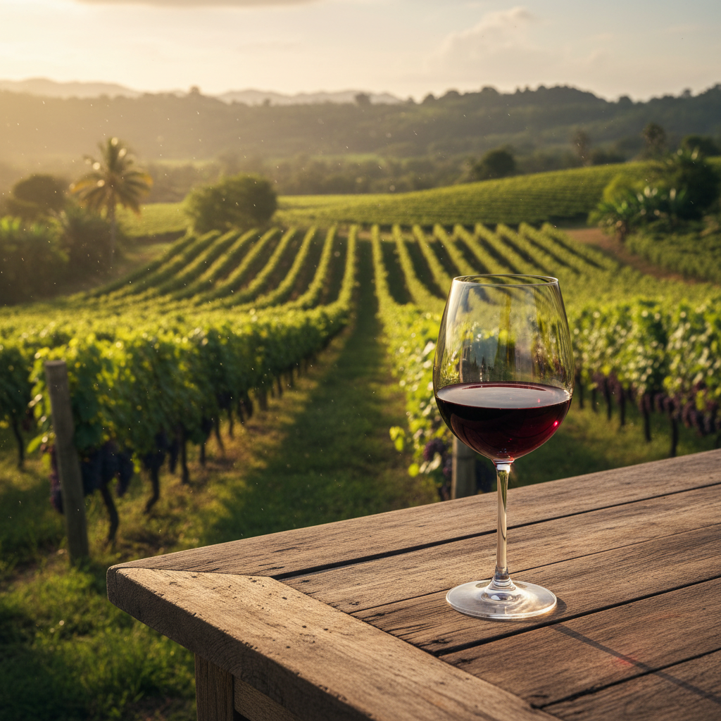 Uma taça de vinho tinto repousa sobre uma mesa rústica, com um vinhedo tropical exuberante ao fundo sob a luz dourada do pôr do sol em Moçambique.