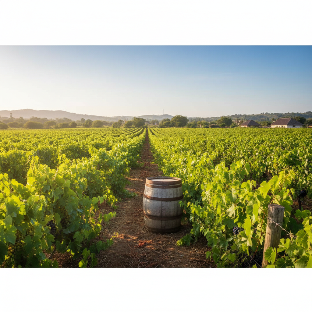 Vinhedo exuberante em Moçambique com barril de vinho, simbolizando a revolução vitivinícola africana.