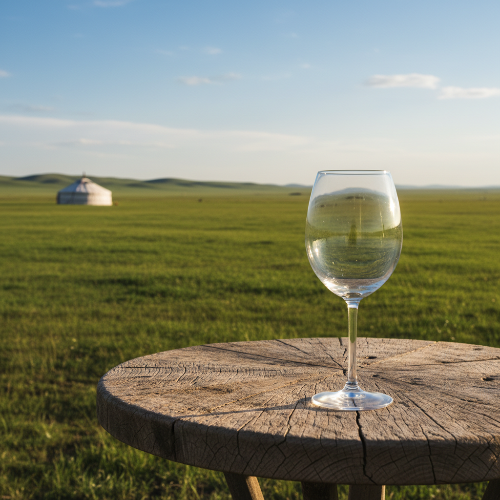 Taça de vinho sobre mesa de madeira rústica, com o vasto cenário verde da estepe mongol e um yurt distante ao fundo, sob um céu claro.