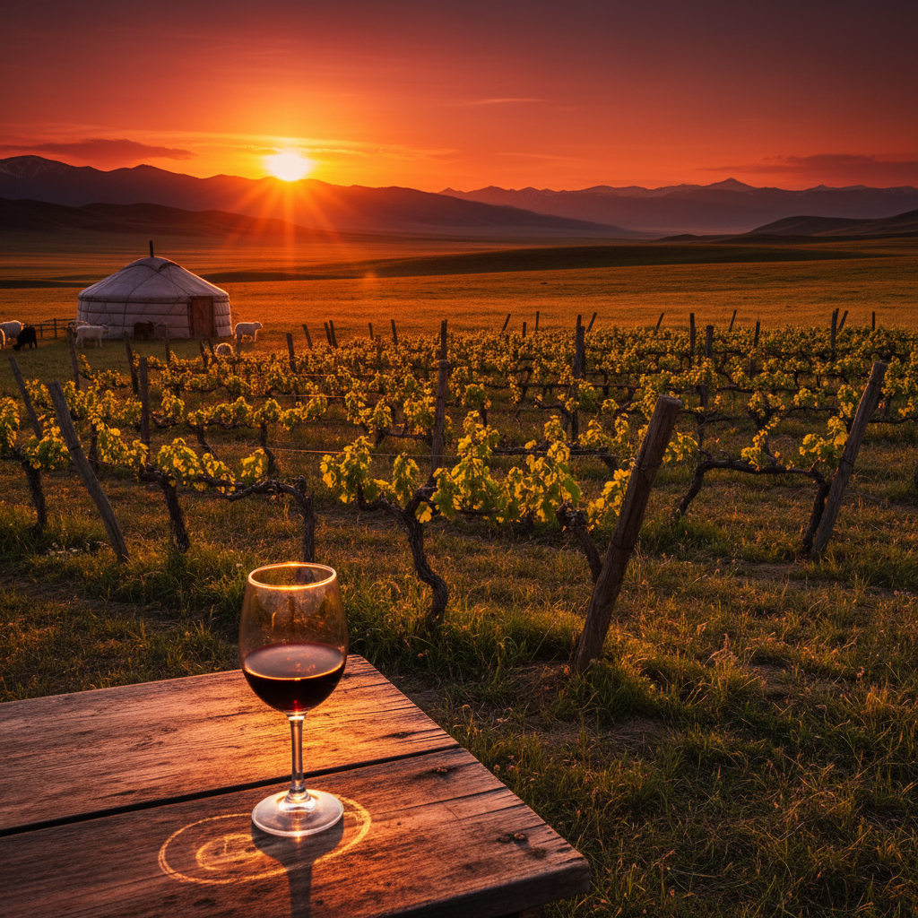 Vinhedo resiliente nas estepes da Mongólia ao pôr do sol, com uma taça de vinho tinto em primeiro plano, simbolizando a viticultura local e seu potencial.