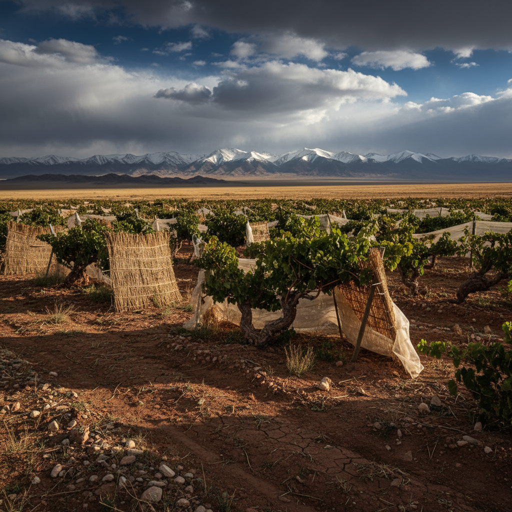 Vinhedo resistente na vasta estepe mongol, com montanhas nevadas ao fundo, sob um céu dramático, ilustrando o terroir extremo.