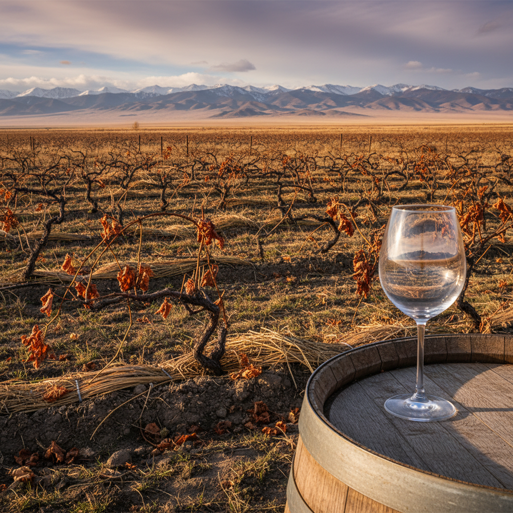 Vinhedo na Mongólia com vinhas resistentes ao frio extremo, montanhas ao fundo e um copo de vinho sobre um barril de madeira, simbolizando a viticultura local.