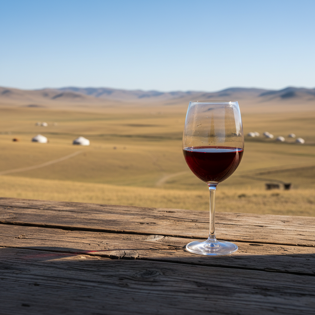Uma taça de vinho tinto sobre uma mesa de madeira rústica, com a paisagem árida e vasta da Mongólia em segundo plano, sob um céu claro.