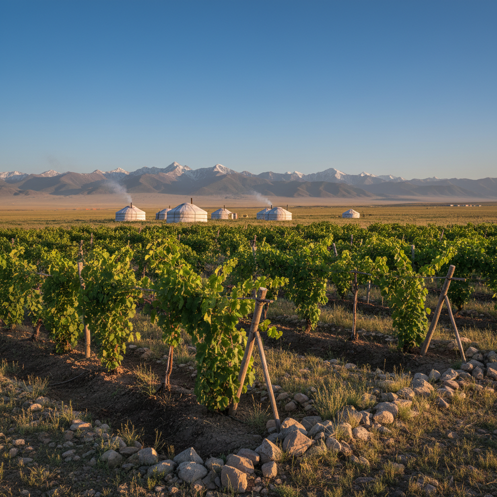 Vinhedo pioneiro na estepe mongol, com gers e montanhas ao fundo, simbolizando a viticultura no país dos nômades.
