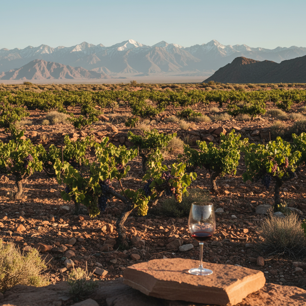 Vinhedo resiliente em paisagem árida e montanhosa com taça de vinho, simbolizando a viticultura em regiões inusitadas como a Mongólia.