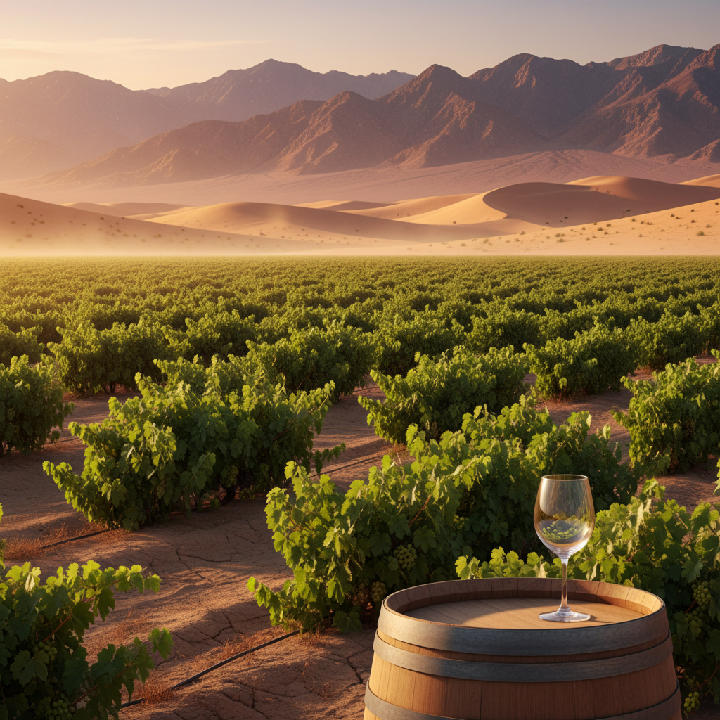 Vinhedo verdejante em meio ao deserto árido da Namíbia, com montanhas ao fundo e luz dourada. Um barril de vinho rústico ou uma taça elegante pode estar presente, simbolizando a resiliência da produção de vinho.
