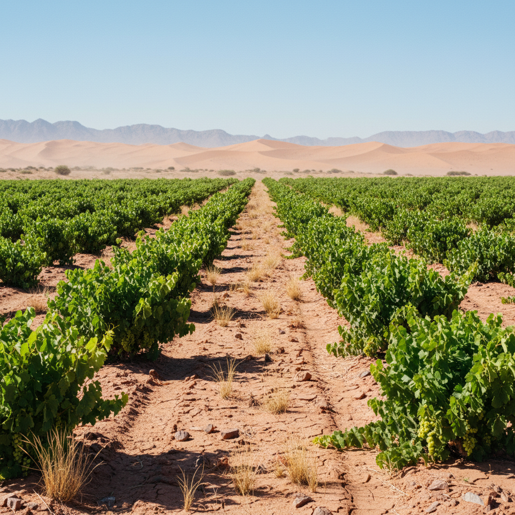 Vinhedo verde vibrante no deserto da Namíbia sob o sol africano intenso.