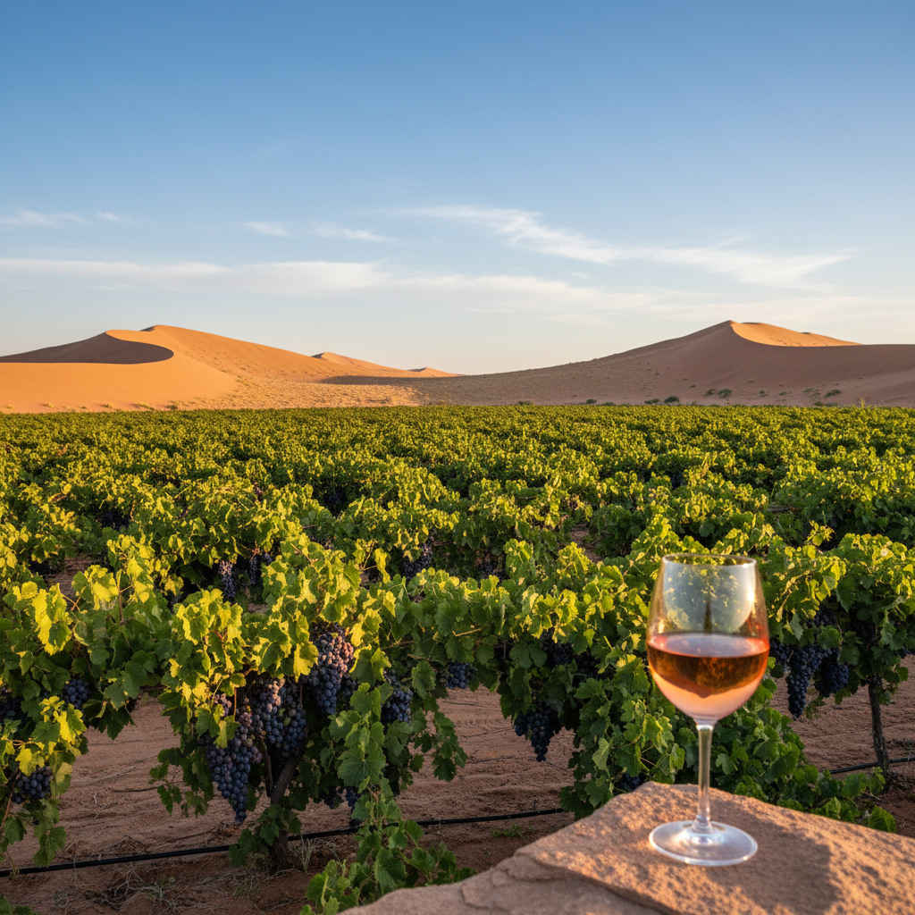 Vinhedo exuberante no coração do deserto da Namíbia, com uma taça de vinho refletindo a paisagem árida e as videiras verdes, simbolizando o terroir único e a viticultura resiliente.