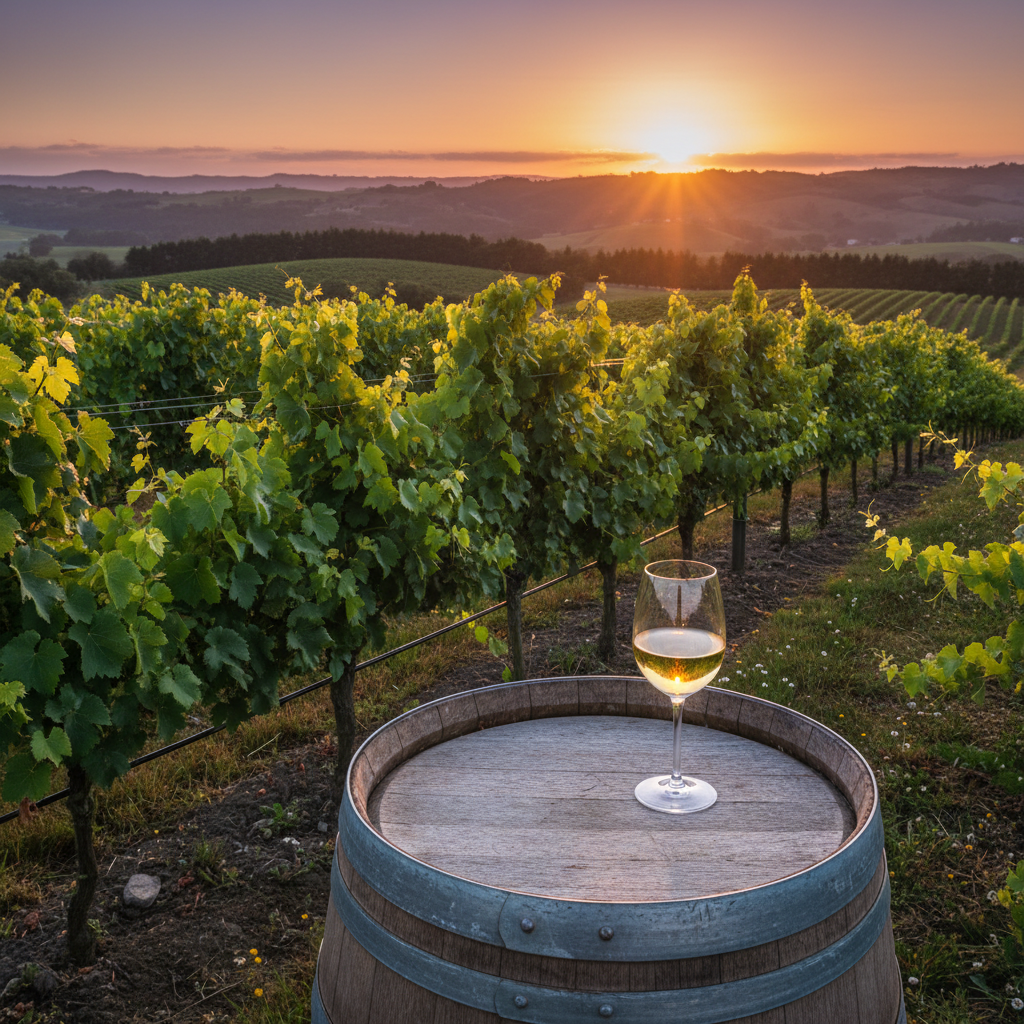 Vinhedo exuberante da Nova Zelândia ao pôr do sol, com uma taça de vinho branco sobre um barril de madeira, simbolizando a qualidade e o potencial dos vinhos da região.