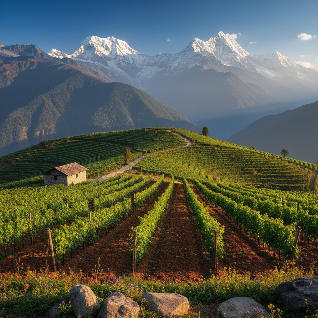 Vinhedo exuberante nas encostas do Himalaia no Nepal, com videiras verdes em primeiro plano e picos montanhosos nevados ao fundo sob um céu claro.