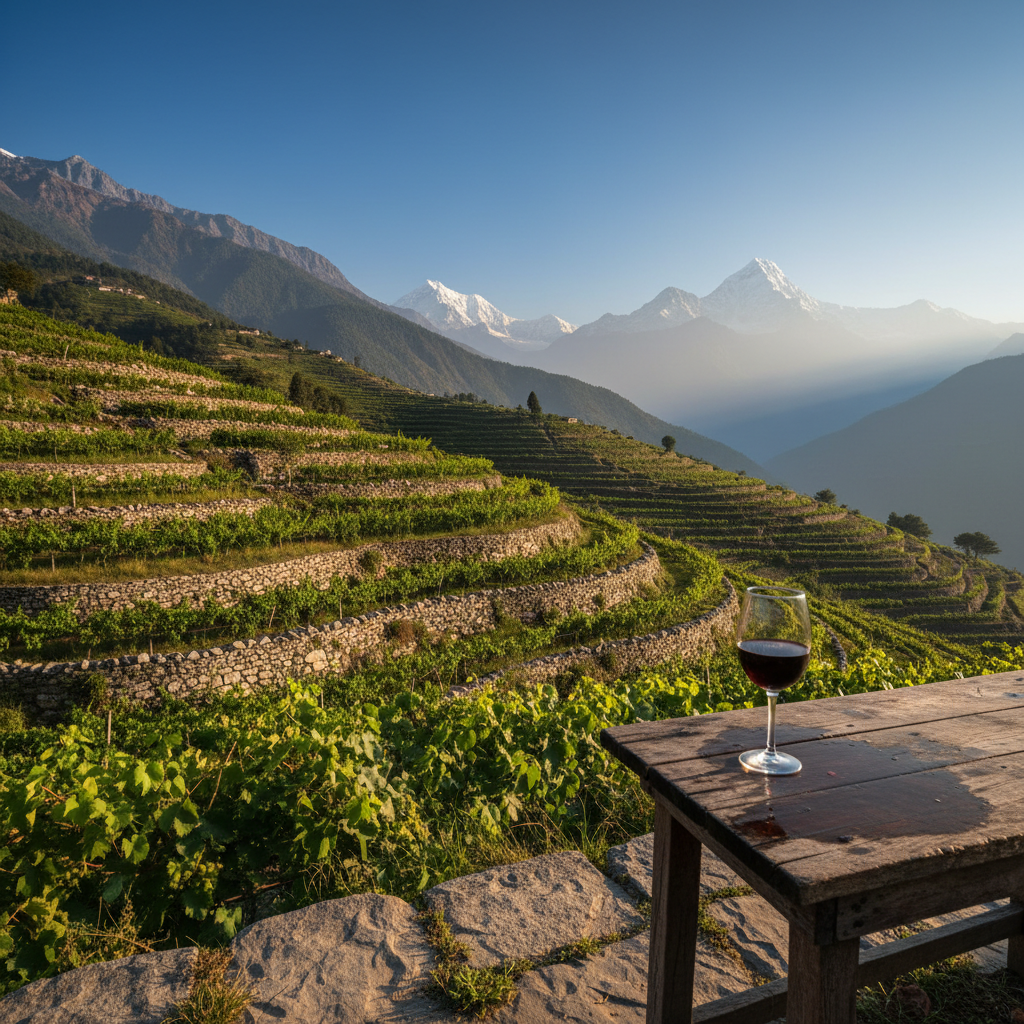 Vinhedos em terraços nas montanhas do Himalaia, Nepal, com um copo de vinho tinto sobre uma mesa de pedra, simbolizando a tradição e o renascimento da vinicultura.