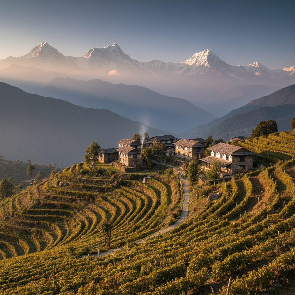 Vinhedo em socalcos nas montanhas do Nepal, com videiras cultivadas em altitudes elevadas e paisagem montanhosa ao fundo.
