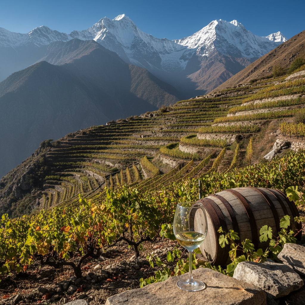 Vinhedo de alta altitude no Himalaia com videiras em terraços, picos nevados ao fundo e uma taça de vinho ou barril de madeira em primeiro plano.