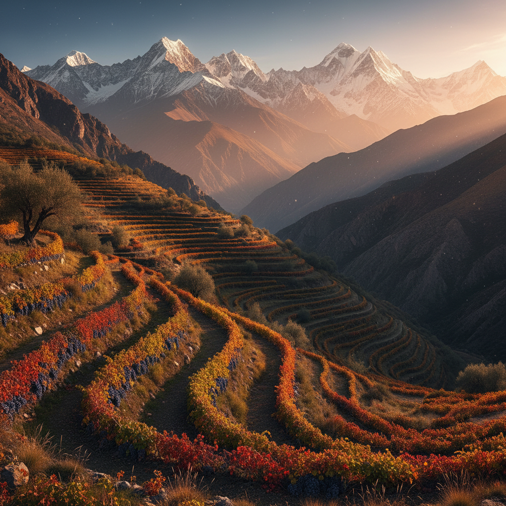 Vinhedo de alta altitude em socalcos nas montanhas do Himalaia, com vinhas exuberantes e picos nevados ao fundo, ilustrando o terroir único do vinho nepalês.