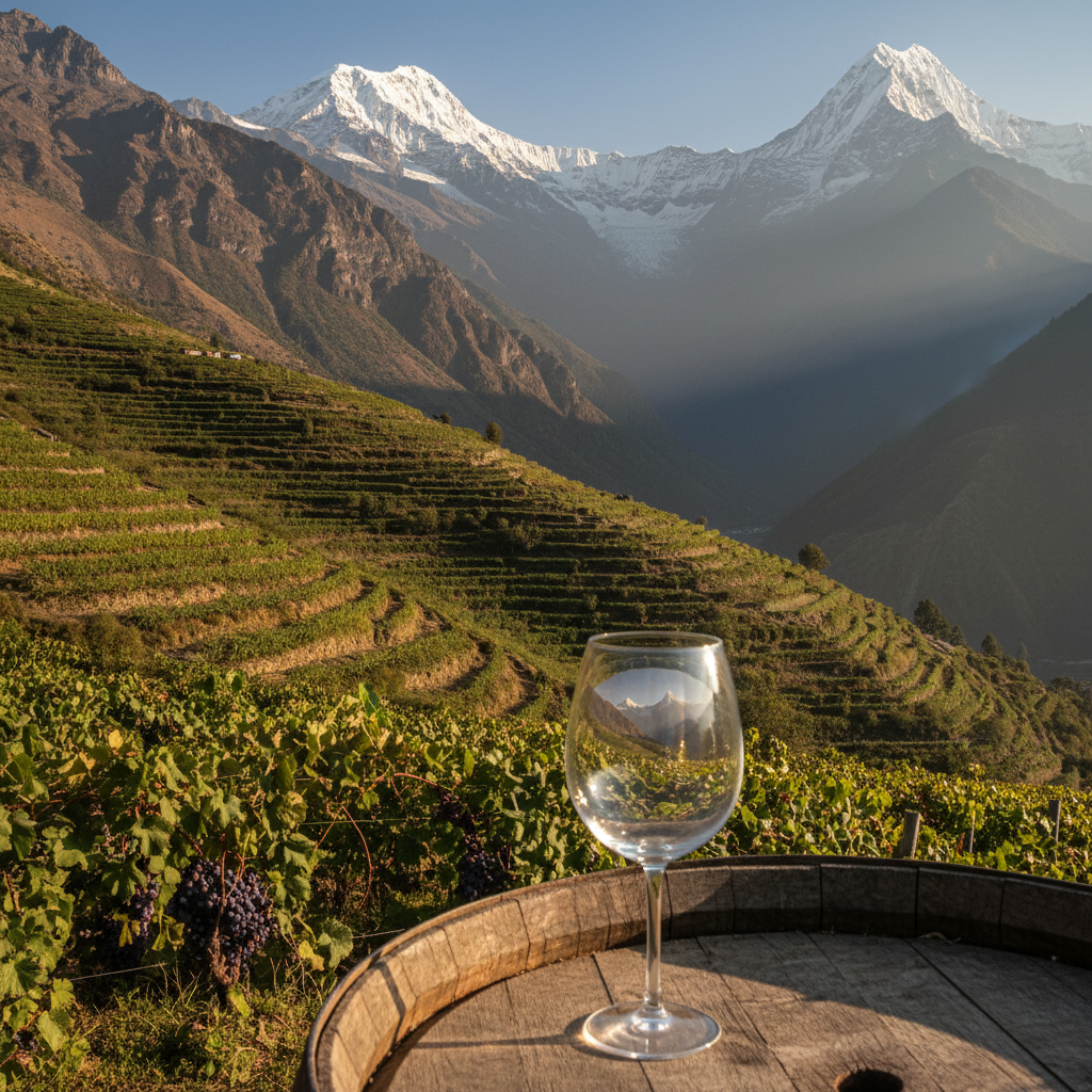 Vinhedo de alta altitude em socalcos nas montanhas do Himalaia no Nepal, com um copo de vinho sobre um barril de madeira em primeiro plano, destacando o cenário dramático.