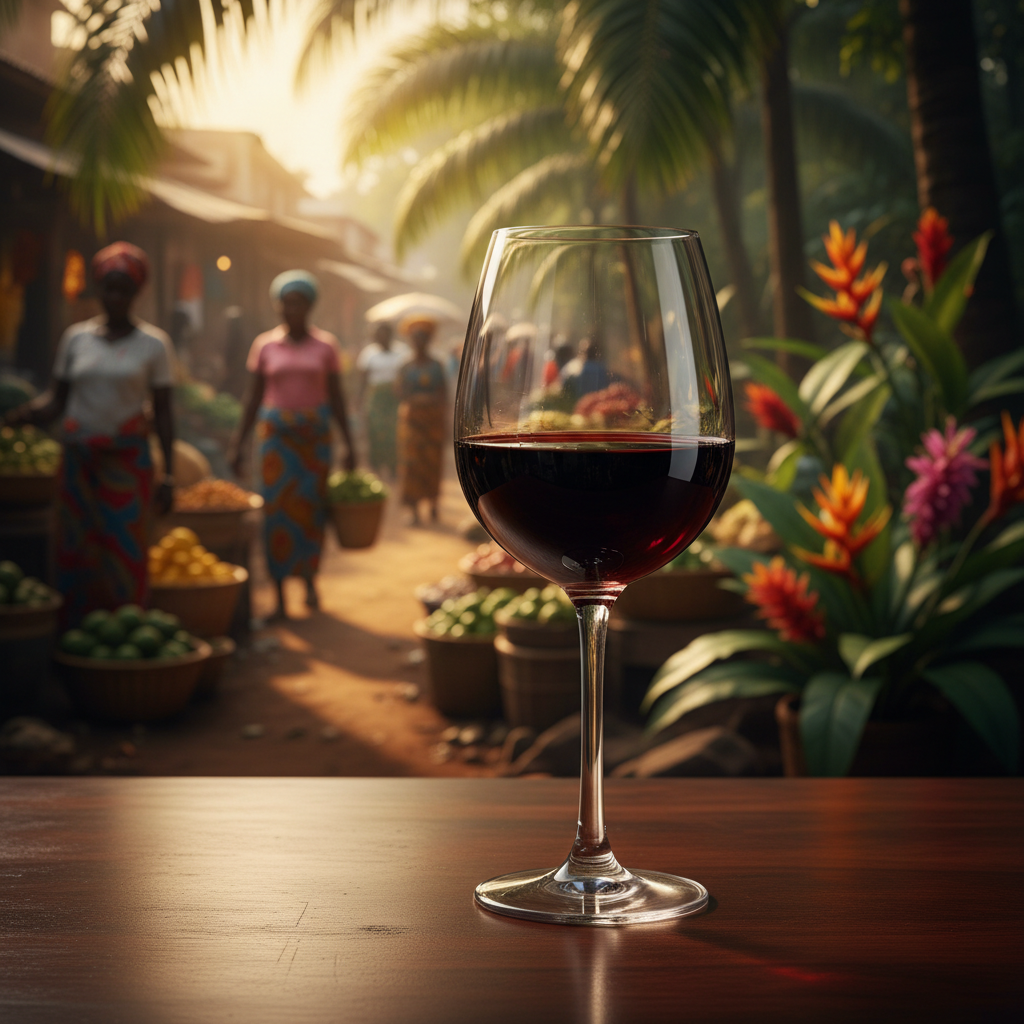 Taça de vinho tinto moderna em mesa de madeira, com cena vibrante de mercado nigeriano ou paisagem tropical ao fundo.