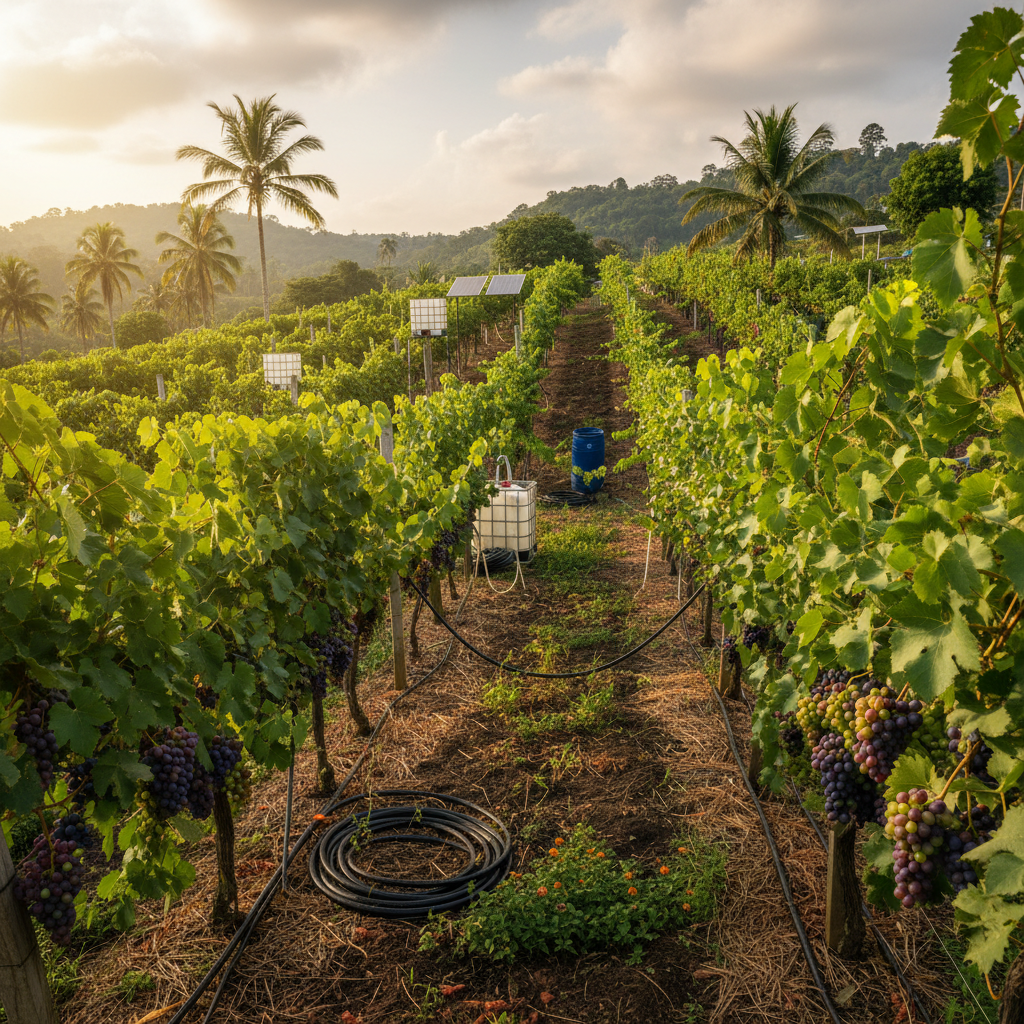 Vinhedo exuberante na Nigéria, com parreiras verdes sob o sol tropical, simbolizando a viticultura sustentável e inovadora do país.